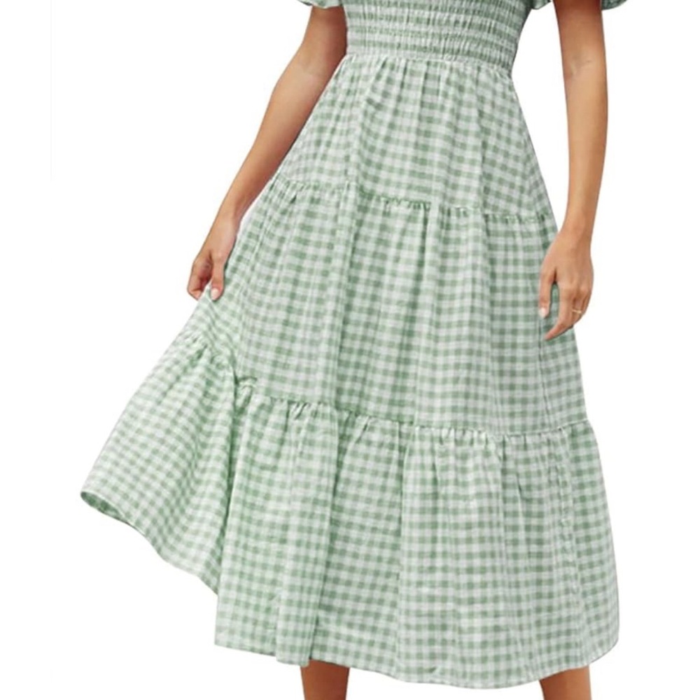 ZESICA Bohemian Summer Plaid Square Neck Puff Sleeve